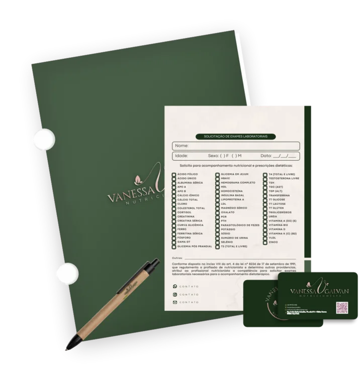 Kit personalizado com pasta, solicitação de exames, caneta e cartão